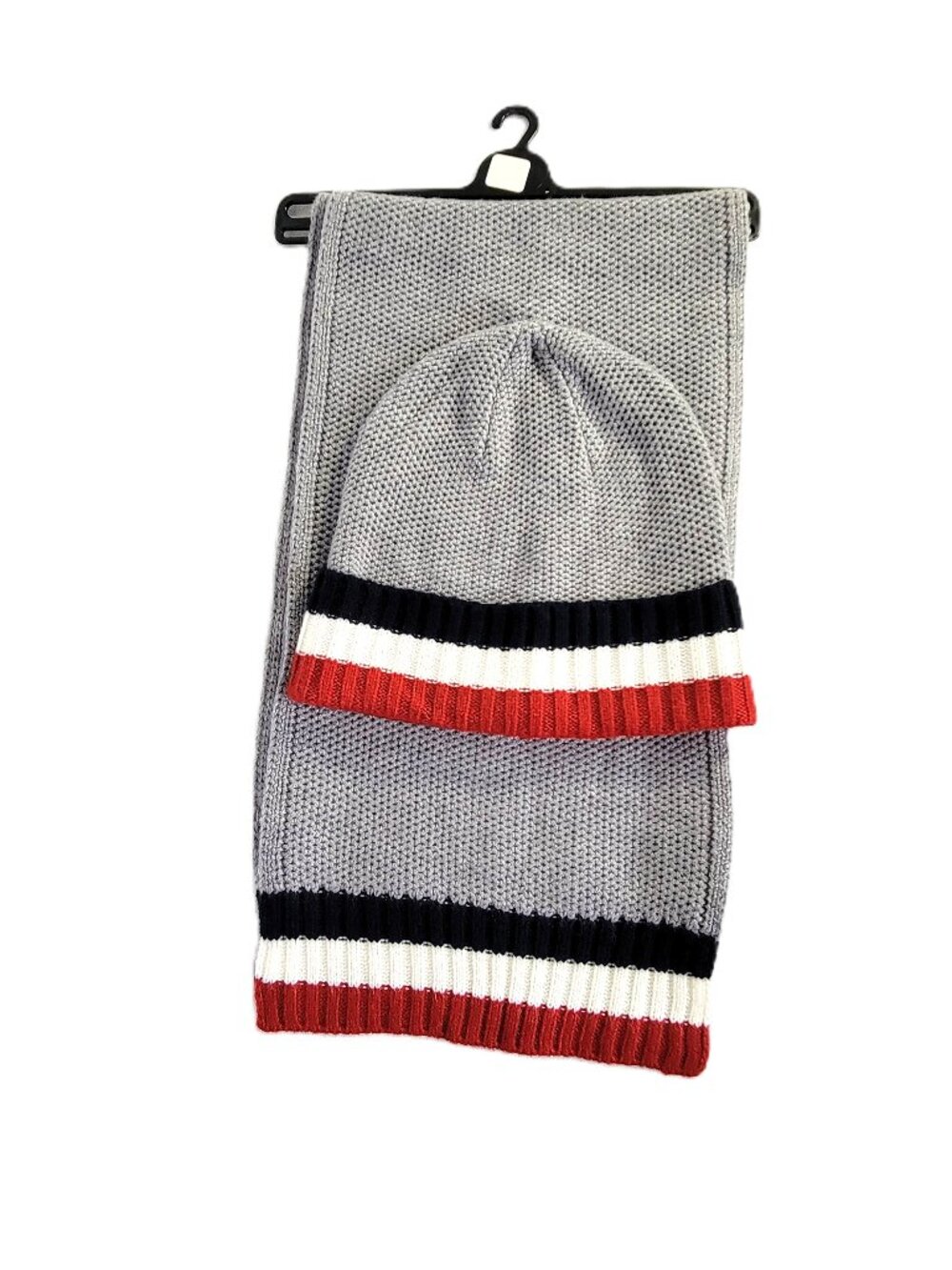 Tommy Hilfiger Gray Knit Beanie Hat & Scarf Set Striped Red White Blue NEW